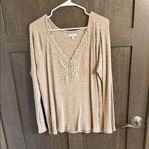 Maurices Tan Lace V-Neck Long Sleeve Top